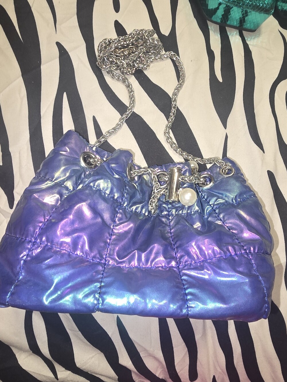 Iridescent Purple Quilted Shoulder Bag with Silver Chain